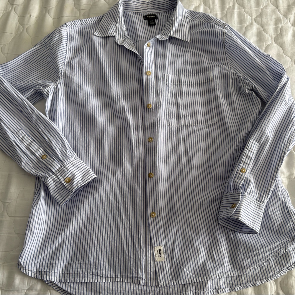 Roots Women's Blue and White Striped Button Down Shirt